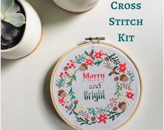 Holidays - merry & bright - Christmas - wreath - Modern cross stitch kit - beginner cross stitch kit - Easy cross stitch