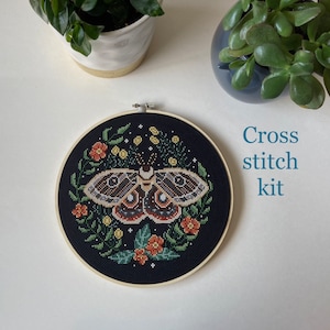 Moth cross stitch - modern cross stitch kit - beginner cross stitch kit - flowers - witchy cross stitch - nature