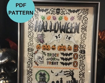 Wzór do haftu krzyżykowego na Halloween, natychmiastowe pobranie pliku PDF - Halloween - upiorny - nietoperze - dynie - wzór do haftu krzyżykowego