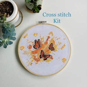 Orange watercolour butterflies - nature - watercolor - modern cross stitch kit - beginner cross stitch kit - Easy cross stitch