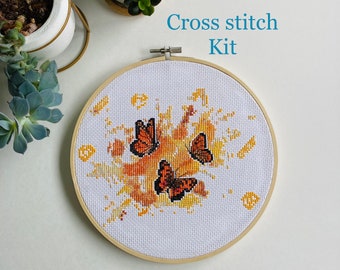 Orange watercolour butterflies - nature - watercolor - modern cross stitch kit - beginner cross stitch kit - Easy cross stitch