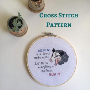 Recycling - Cross stitch pattern PDF - counted cross stitch - instant download - possum - recycling - trash - garbage - cute - animal