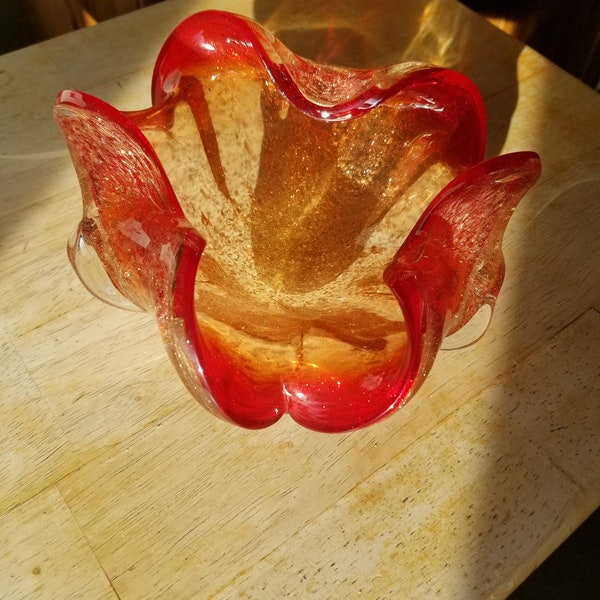 Murano Art Glass Bowl. Clear with Red around deeply scalloped rim controlled bubbles and Gold flecks