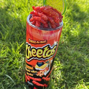XXtra Flamin Hot Cheetos 20oz Skinny Tumbler with 3D lid, hot Cheetos, Stainless steal, Tumbler,  Lime and Cheetos lid, Sublimation Tumbler