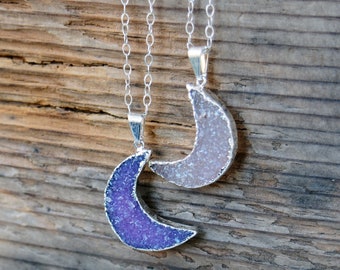 Druzy Mond Halskette, Halbmond Halskette, Silber Mond Halskette, Kristall Halskette, Druzy Schmuck, Edelstein Silber Halskette, Geschenk für Frauen