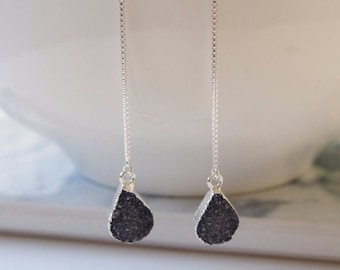 Druzy Earrings, Threader Chain Earrings, Sterling Silver Earrings, Agate Druzy Earrings, Teardrop Druzy Earrings, Bridal Wedding Jewelry