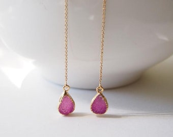 Pink Druzy Threader Earrings, Druzy Gold Filled Earrings, Raw Crystal Threader Earrings, Teardrop Dangle Earrings, Bridal Wedding Jewelry