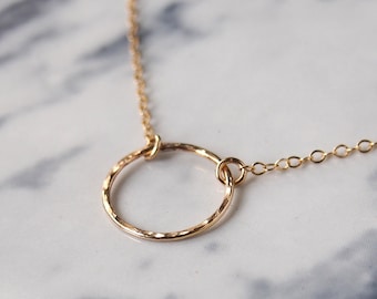 Eternity Circle Necklace, Karma Necklace, Dainty Necklace, Hammered Circle Necklace, Simple Necklace, 14k Gold Filled, Gold Circle Necklace