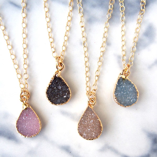 Tiny Druzy Necklace, Crystal Druzy Necklace, Raw Gemstone Necklace, Teardrop Druzy Necklace, Boho Necklace, Gift For Women, Bridesmaid Gift