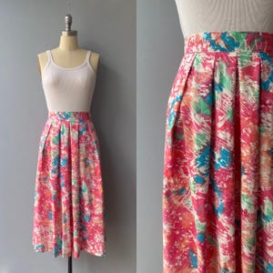 Vintage 1980s Pink Painterly Cotton Midi Skirt M