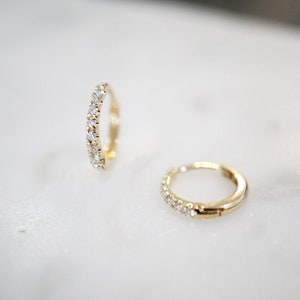 18K Solid Gold Natural Diamond Hoop Huggies Earrings, 10 mm Diameter #MD