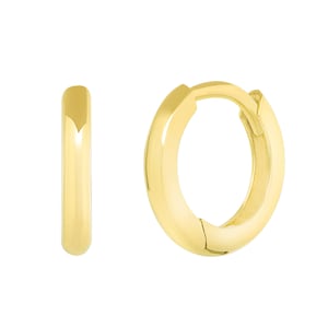 May include: A pair of gold hoop earrings with a hinged closure. The earrings are small and delicate, and they are perfect for everyday wear.