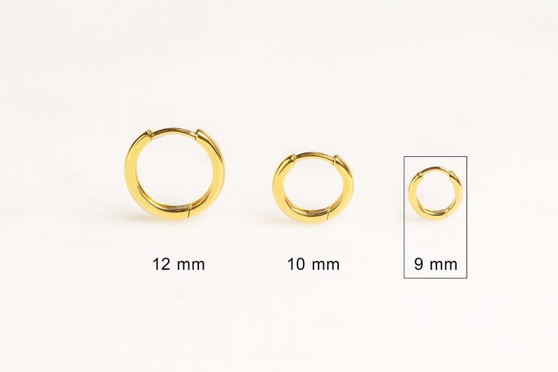 14K Solid Gold Hoop huggies Earrings 9 mm Diameter #A image 3