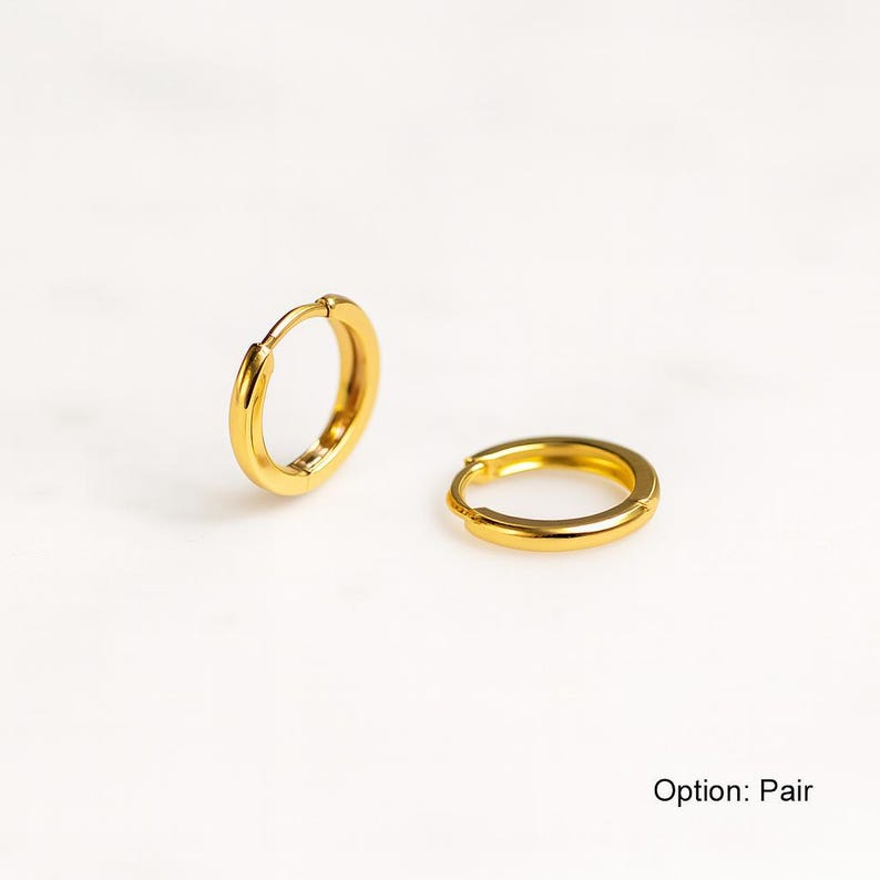 14K Solid Gold Hoop huggies Earrings 9 mm Diameter #A image 1