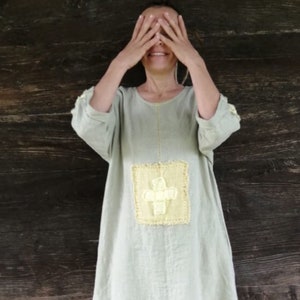 Exclusive Pistashio linen dress. Author&#39;s embroidery.Linen boho designer dress.Custom length,size