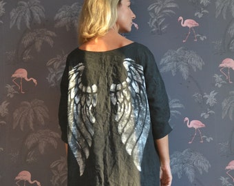 Angel wings.Linen dress with authentic designer print.Custom size and length