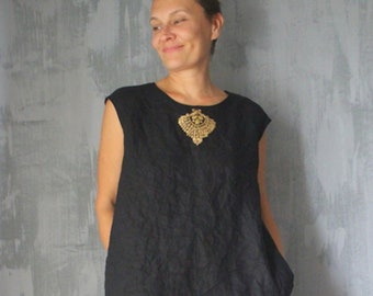 Italian linen dress.Black with decor or Blue-gray color.Boho linen dress