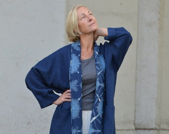 Linen kimono.Dark blue linen dustcoat.Linen jacket