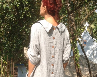 French linen dress.Natural linen and coffee color.Shirt dress with buttons on back.