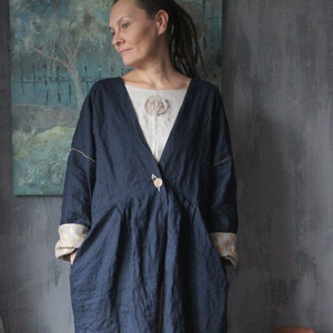 Casaco Boho de Linho | Bordado e Pintado à Mão | Cardigã Plus Size Azul Escuro Oversized