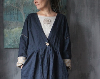 Boho Linen Coat | Hand Embroidered & Painted | Oversized Dark Blue Plus Size Cardigan