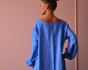 Long Linen dress.Bright blue with sleeves.Custom length.Cornflower boho linen dress