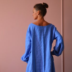 Long Linen dress.Bright blue with sleeves.Custom length.Cornflower boho linen dress