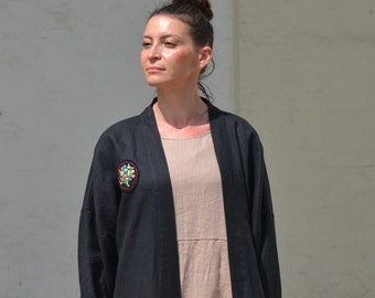 Linen boho coat.Black.Oversize dustcoat with decor