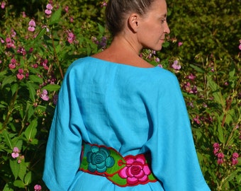 Linen dress with mexican belt.Mexican collection.Embroidered linen dress with special decor. Turquoise color linen boho designer dress.