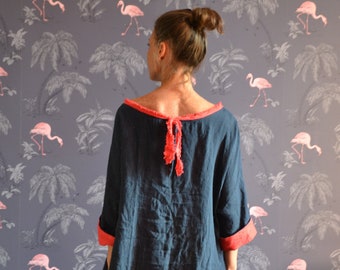 Linen dress. Dark blue with red ribbon.Custom size and length