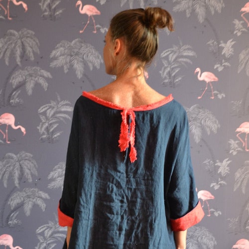 Linen Dress. Dark Blue With Red Ribbon.custom Size and Length Etsy