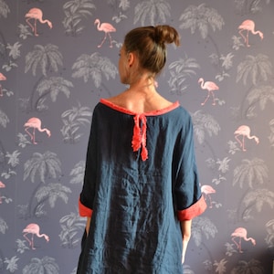 Linen dress. Dark blue with red ribbon.Custom size and length