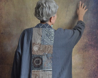 Japanese collection. Linen cardigan in sashiko style.Embroidered linen dustcoat