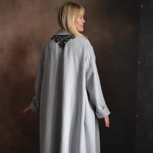 Silver Grey Linen Dustcoat | Boho Hand-Embroidered Cardigan | Oversized Duster with Pockets