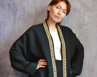 Evening collection. Black linen coat. Jacket with vintage embroidery