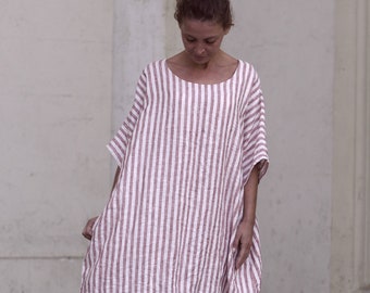 Loose Boho linen dress.Red stripes dress.Natural stripes dress.Custom length