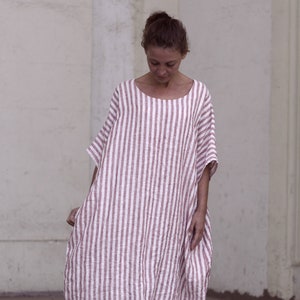 Loose Boho linen dress.Red stripes dress.Natural stripes dress.Custom length