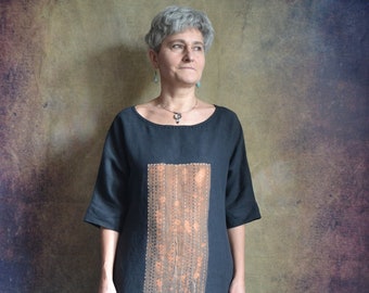 Japanese collection. Linen dress with etching.Hand made embroidered linen dress