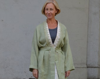 Linen kimono.Pistashio color.Oversize dustcoat with decor