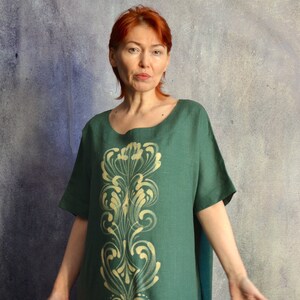 Linen dress with flowers.Emerald linen dress.Linen boho designer dress. zdjęcie 3