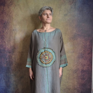 Japanese collection. Designer Linen dress .Hand made embroidered linen dress