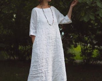 Handmade White Linen Dress | Boro Embroidery, Side Pockets