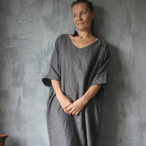 Loose Linen Dress.dark Gray Color.custom Length.maxi Linen - Etsy