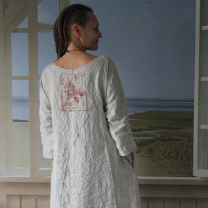 Boho Linen Long Dress: Handmade Boro Accent, Custom Length