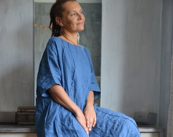 Loose Linen Dress: Deep Blue Boho Style, Softened Flax