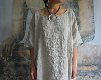 Loose natural linen color dress. Plus size boho dress.Custom size. Custom length.More color