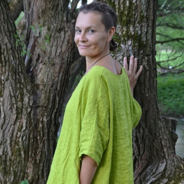 Boho linen dress.Apple green color.Plus size linen dress.More color