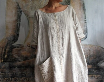 Embroidered linen dress.Natural linen color with related element.Linen boho designer dress.
