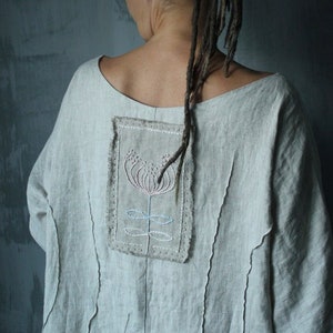 Boho english linen dress. Grey with flower.Long dress. Custom length