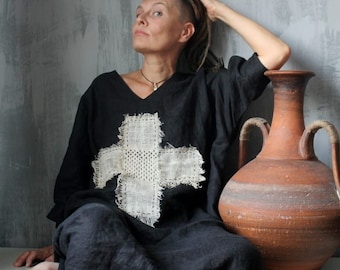 Embroidered linen dress.Linen boho designer dress.Custom length and size